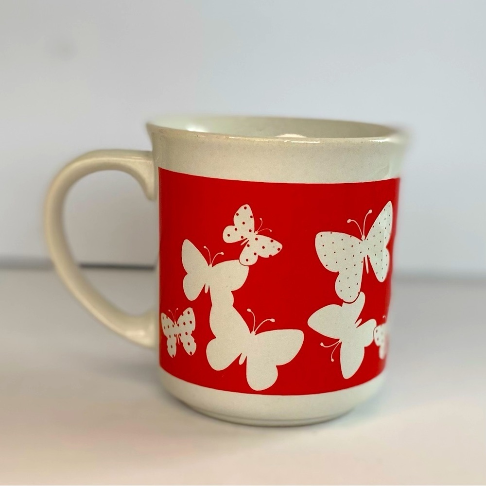 Vintage Butterfly Small White And Red Coffee Mug Cup Polka Dot